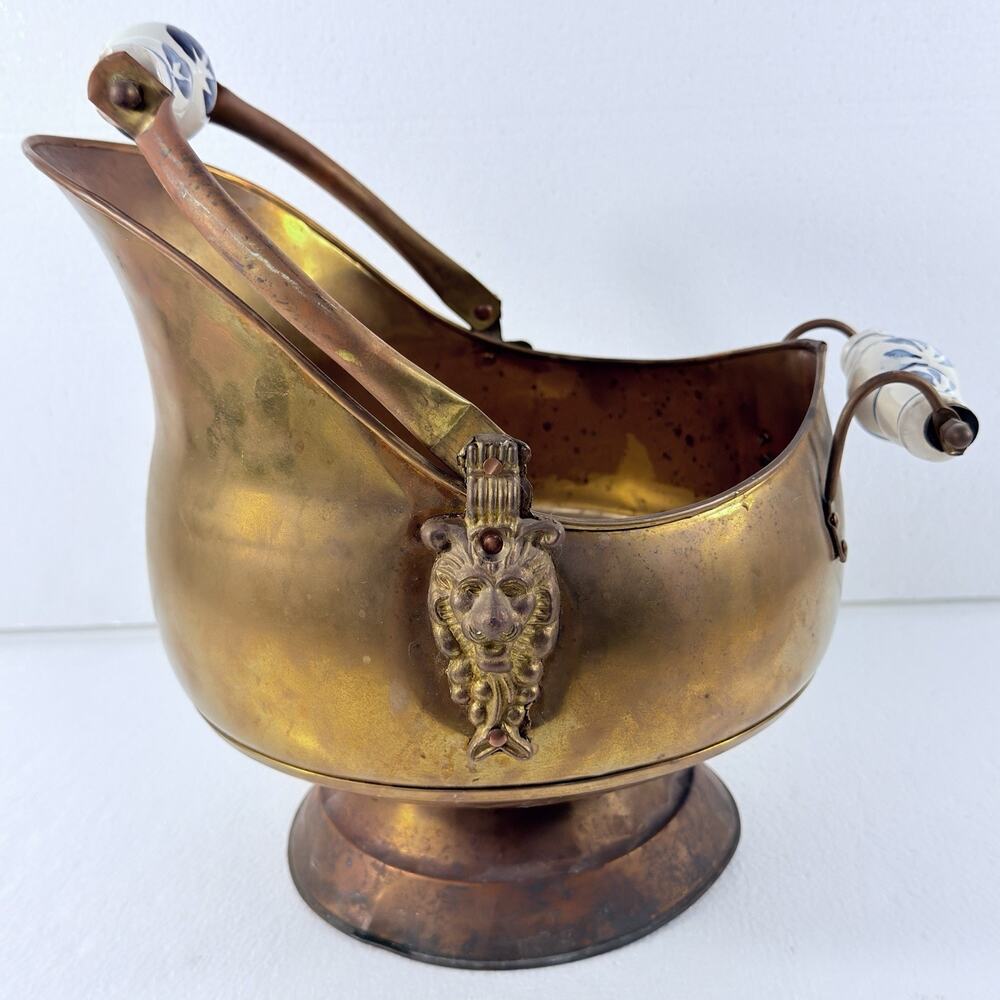 VTG Brass Coal Scuttle Bucket Helmet Dutch Lion Head Delft Blue Porcelain Handle
